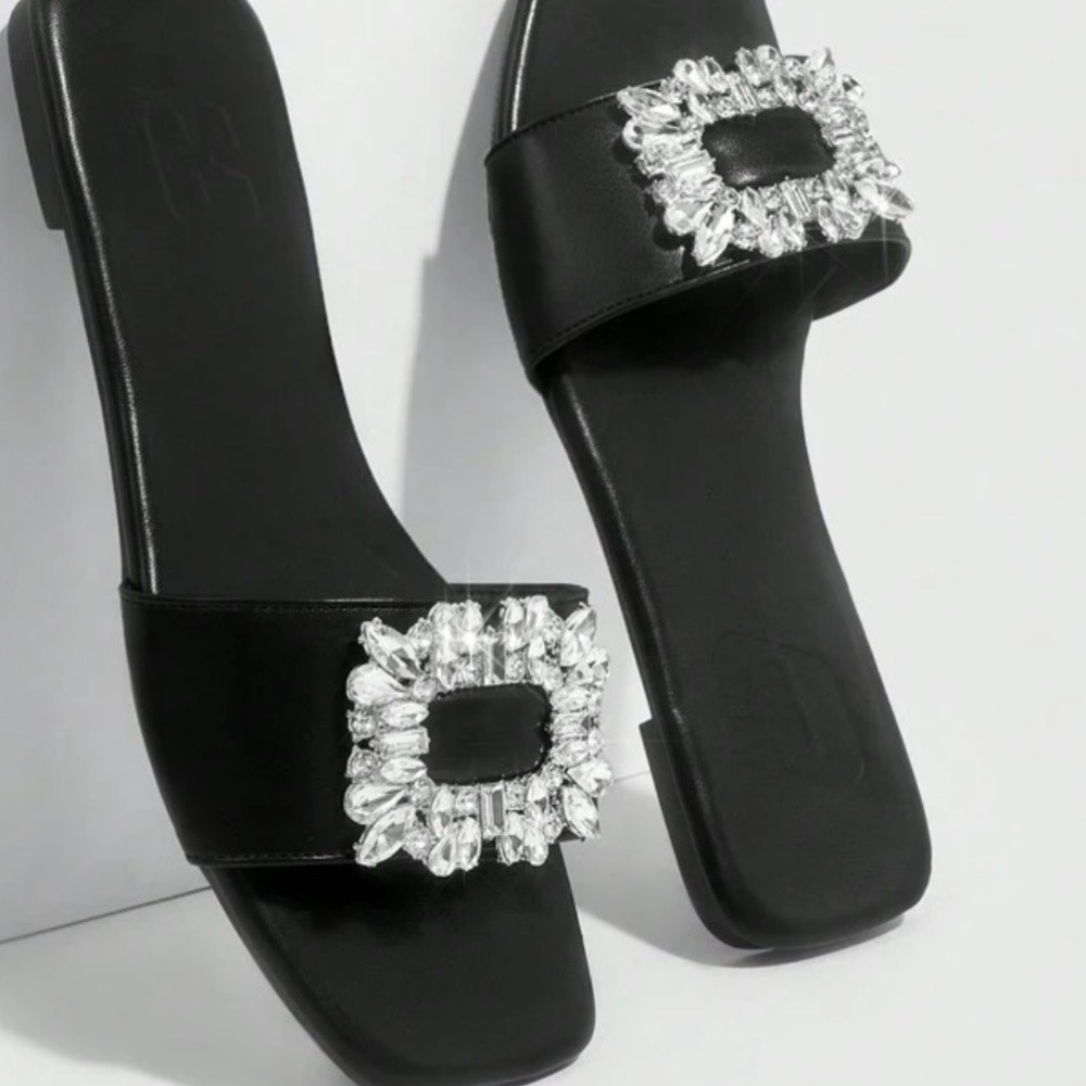 Black Square Rhinestone Buckle Detailed Slide Sandals